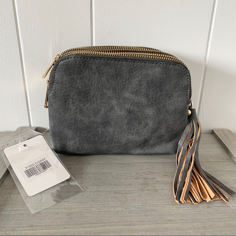 Crossbody Purse Gray With Tassel Zipper Pockets - Picture 4 of 6